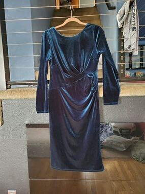 Monsoon Navy Velvet Long Sleeve Ruched Midi Dress